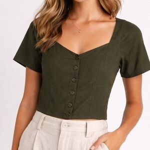 Rita Row Chiara‎ Olive Green Button Front Crop Top Size XS Minimalist